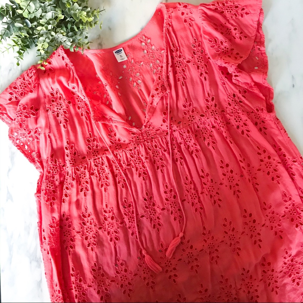 Coral Eyelet Flutter Sleeve Top
